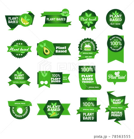 set plant based natural product stickers organic healthy vegan market logos fresh food emblems badges collection design flat 78563555