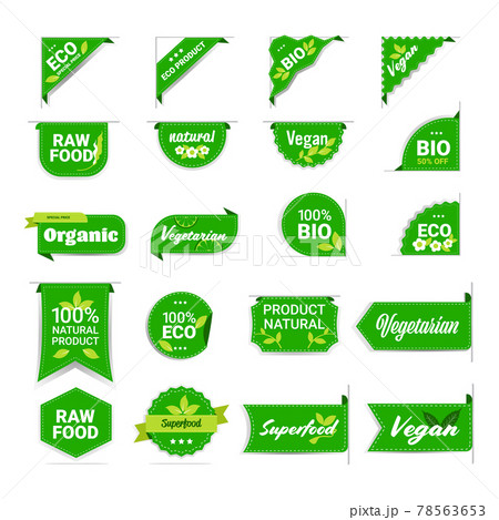 set eco natural product stickers organic healthy vegan market logo fresh food emblems collection badges design 78563653