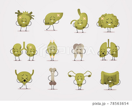set unhealthy mascot characters sick damaged green human body internal organs anatomy concept vector illustration 78563654