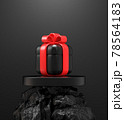 Celebrate Gift Box Red Ribbon On Shelves, Black Rock Stone Base, Dark Background, 3d Render 78564183