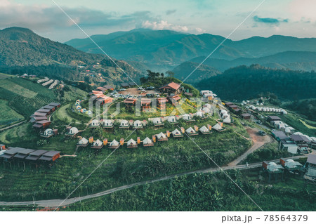 Aerial view of camping grounds and tents on Doi Mon Cham mountain in Mae Rim, Chiang Mai province Aerial view of camping grounds and tents on Doi Mon Cham mountain in Mae Rim, Chiang Mai province 78564379