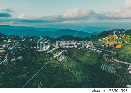 Aerial view of camping grounds and tents on Doi Mon Cham mountain in Mae Rim, Chiang Mai province 78564543