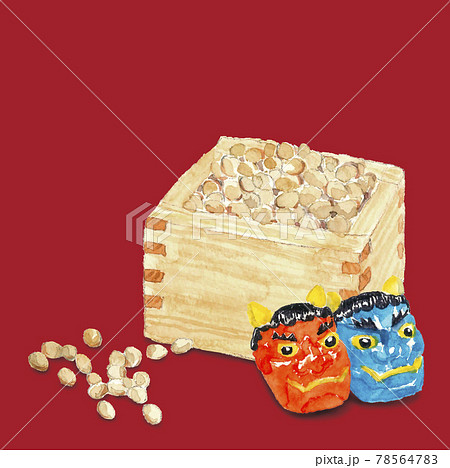 升に入った節分用福豆と赤鬼と青鬼のお面 水彩 赤バック コピースペースありのイラスト素材