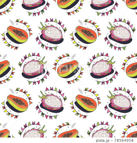 Papaya and dragon fruit. Seamless pattern on a white background. Cute vector illustration. Papaya and dragon fruit. Seamless pattern on a white background. Cute vector illustration. 78564958