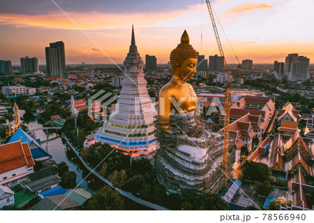 Aerial view of Wat Paknam Bhasicharoen, a temple, pagoda and Buddha statue in Bangkok Thailand 78566940