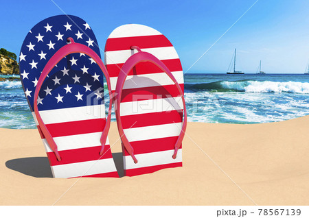 Flip flops with The United States flag on the beach. the USA resorts, vacation, tours, travel packages concept. 3D rendering 78567139