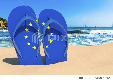 Flip flops with The EU flag on the beach. the European Union resorts, vacation, tours, travel packages concept. 3D rendering 78567142