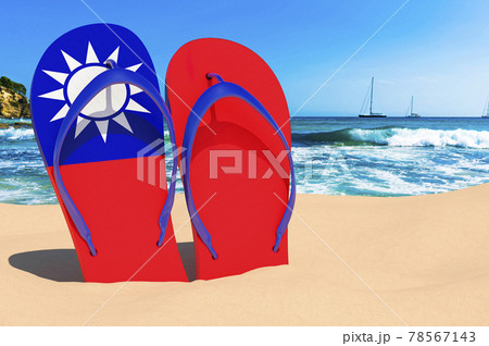 Flip flops with Taiwanese flag on the beach. Taiwan resorts, vacation, tours, travel packages concept. 3D rendering 78567143