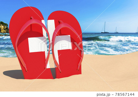 Flip flops with Swiss flag on the beach. Switzerland resorts, vacation, tours, travel packages concept. 3D rendering 78567144