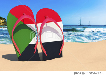 Flip flops with Sudanese flag on the beach. Sudan resorts, vacation, tours, travel packages concept. 3D rendering 78567146