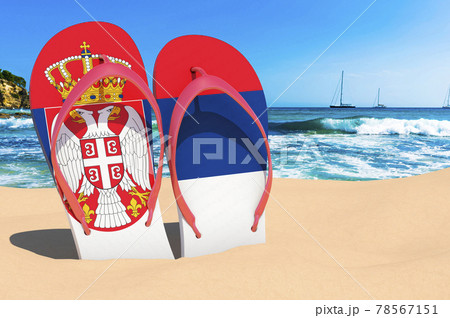 Flip flops with Serbian flag on the beach. Serbia resorts, vacation, tours, travel packages concept. 3D rendering Flip flops with Serbian flag on the beach. Serbia resorts, vacation, tours, travel packages concept. 3D rendering 78567151