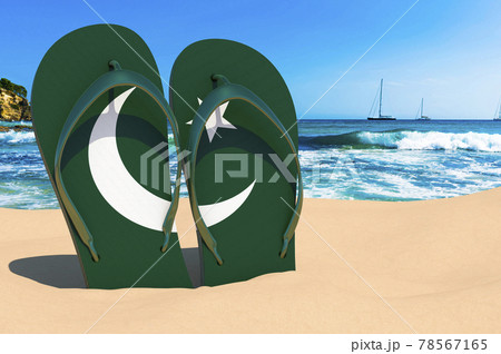 Flip flops with Pakistani flag on the beach. Pakistan resorts, vacation, tours, travel packages concept. 3D rendering Flip flops with Pakistani flag on the beach. Pakistan resorts, vacation, tours, travel packages concept. 3D rendering 78567165