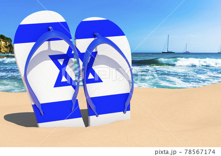 Flip flops with Israeli flag on the beach. Israel resorts, vacation, tours, travel packages concept. 3D rendering 78567174