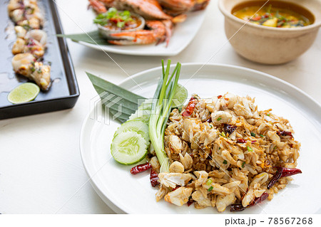 Set of Thai seafood popular menu setting on white table. 78567268