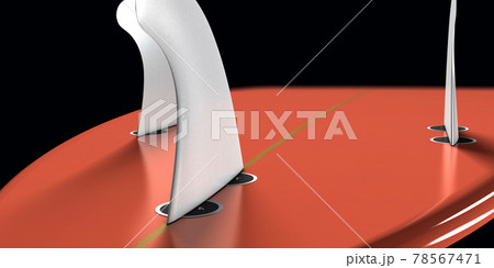 Tail of a red Short-board for surfing and a white fin - 3d illustration 78567471