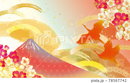 鶴の飛ぶ　富士山　和柄 78567742