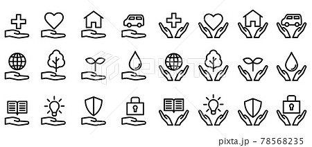 手で色々なものを守るアイコンセットのイラスト素材