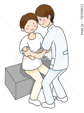 台からの立ち上がりを練習する人とセラピストのイラスト素材