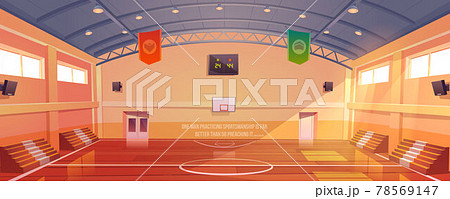 Basketball court with hoop, tribune and scoreboard Basketball court with hoop, tribune and scoreboard 78569147