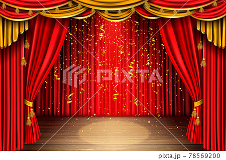 Empty stage with red curtain and falling confetti Empty stage with red curtain and falling confetti 78569200