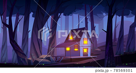 Wooden mystic stilt house, shack in night forest 78569301