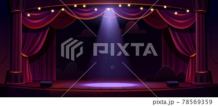 Dark theater stage with red curtains and spotlight Dark theater stage with red curtains and spotlight 78569359