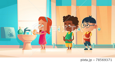 Kids washing hands at school toilet room, wc. Kids washing hands at school toilet room, wc. 78569371