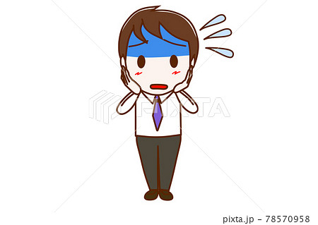 <全身・正面>真っ青になって汗をかきながら慌てふためく男性 <全身・正面>真っ青になって汗をかきながら慌てふためく男性 78570958