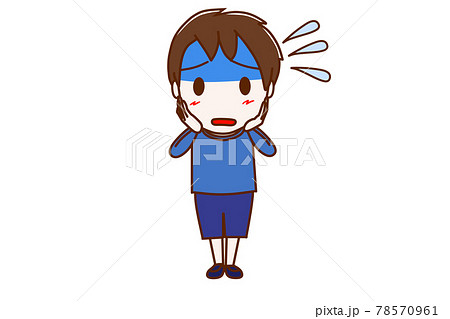 <全身・正面>真っ青になって汗をかきながら慌てふためく少年 <全身・正面>真っ青になって汗をかきながら慌てふためく少年 78570961