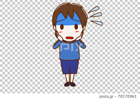 <全身・正面>真っ青になって汗をかきながら慌てふためく少年 <全身・正面>真っ青になって汗をかきながら慌てふためく少年 78570961
