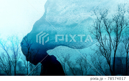 Mental Health Disorder Concept. Exhausted Depressed Female. Silhouette of Stressed Woman combined with Dry Tree and Rain. Depression Psychology. Dark Blue Tone Mental Health Disorder Concept. Exhausted Depressed Female. Silhouette of Stressed Woman combined with Dry Tree and Rain. Depression Psychology. Dark Blue Tone 78574017