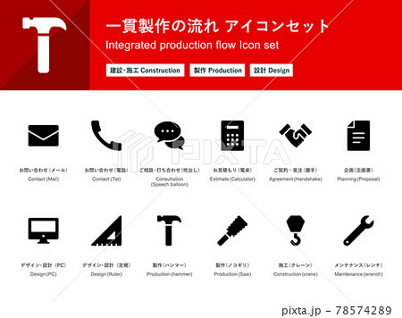 一貫製作の流れ アイコンセット 建設 製作 設計 シルエットバージョン のイラスト素材