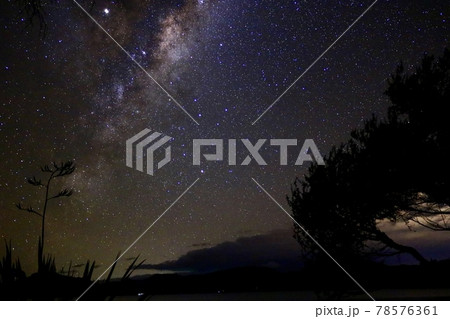 街明かりに照らされ黄色く光る薄雲と半島の上にかかる天の川【ニュージーランド】 78576361