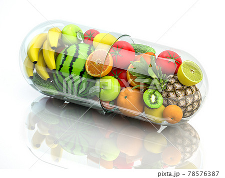 Vitamin pill capsule with fruits and vegetables. Nutrition supplemet and health eating concept. 78576387
