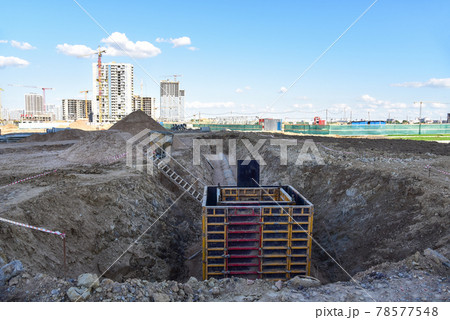 Concrete pile in formwork frame for construct stormwater and underground utilities, Concrete pile in formwork frame for construct stormwater and underground utilities, 78577548