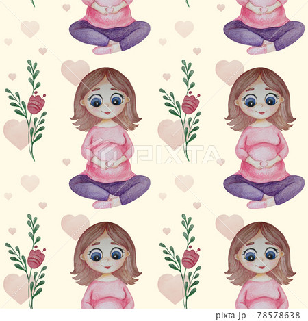 Happy pregnancy seamless pattern. A cute pregnant woman in pink sits and does yoga, folded her hands on her stomach on a delicate pink background with flowers and hearts. Watercolor Happy pregnancy seamless pattern. A cute pregnant woman in pink sits and does yoga, folded her hands on her stomach on a delicate pink background with flowers and hearts. Watercolor 78578638