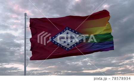 Waving flag of Arkansas state and LGBT rainbow flag background. 3d rendering 78578934