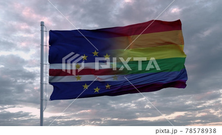 Waving flag of Cape Verde state and LGBT rainbow flag background. 3d rendering Waving flag of Cape Verde state and LGBT rainbow flag background. 3d rendering 78578938