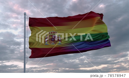Waving flag of Spain and LGBT rainbow flag background. 3d rendering Waving flag of Spain and LGBT rainbow flag background. 3d rendering 78578947