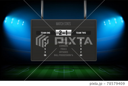Illuminated football stadium with scoreboard and stats of the match 78579409