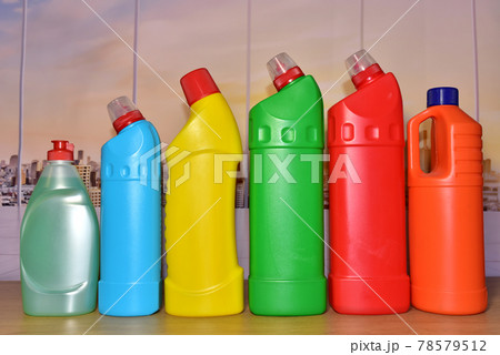 Detergent bottles at kitchen in home. Detergents and laundry concept. Household for cleaning Detergent bottles at kitchen in home. Detergents and laundry concept. Household for cleaning 78579512