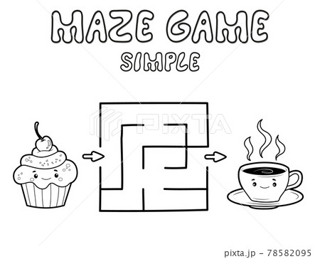 Simple Maze puzzle game for children. Outline simple maze or labyrinth game with cake and tea. 78582095