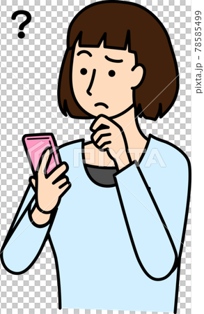 Illustration of a woman thinking while looking at the screen of a smartphone 78585499