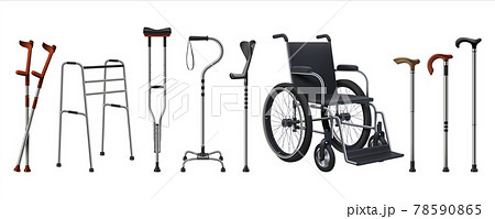 Realistic wheelchairs and canes. 3D medical supplies for musculoskeletal injury patients. Walking sticks set. Rehabilitation staffs and crutches. Vector props for handicapped persons 78590865