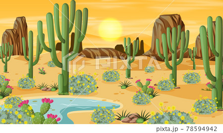 Desert forest landscape at sunset time scene with oasis Desert forest landscape at sunset time scene with oasis 78594942