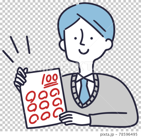 測試:一個微笑的男學生得到 100 分滿分的簡單插圖。 測試:一個微笑的男學生得到 100 分滿分的簡單插圖。 78596495