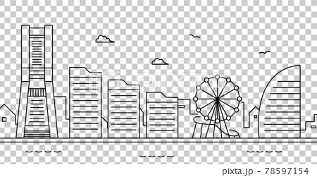横浜みなとみらいの風景のイラスト 背景 街並み 神奈川 シンプル 港 海 ランドマークタワー 観覧車のイラスト素材