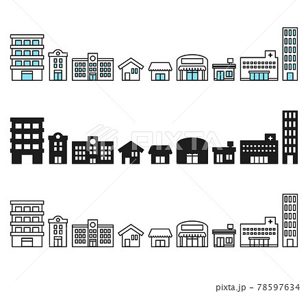 シンプルな街並み 線画 セットのイラスト素材