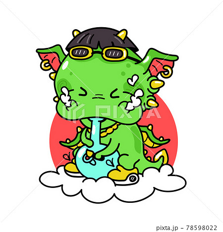 Cute funny dragon smoke weed with bong. Vector...のイラスト素材