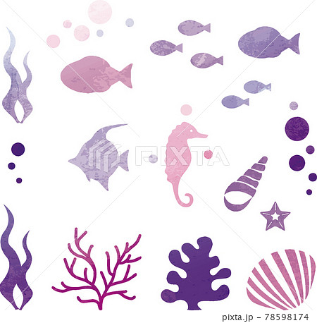 夏 海 魚 貝 海藻 シルエット 水彩 イラスト素材セットのイラスト素材